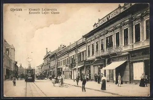 AK Ujvidék, Kossuth Lajos-utca, Strassenbahn in der Kossuth Lajos-Gasse, Pferdegespann