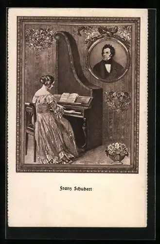 AK Porträt v. Franz Schubert mit Frau am Klavier