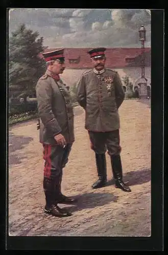 AK Kaiser Wilhelm II. in Uniform mit Paul von Hindenburg in Uniform mit Zigarette in der Hand