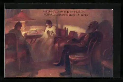 AK La famille du comte, Familie sitzt am Tisch, L. Tolstoi