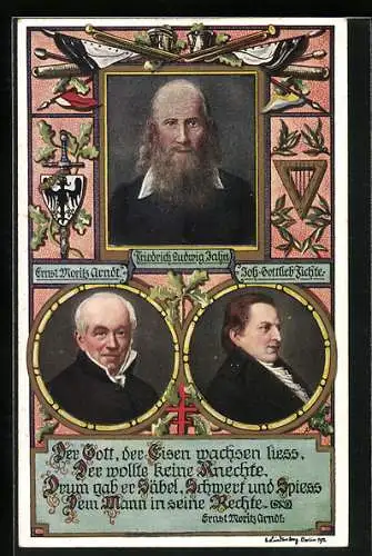 AK Turnvater Jahn im Portrait und Bildnisse von E. M. Arndt und J. G. Fichte, Wappen und Waffen