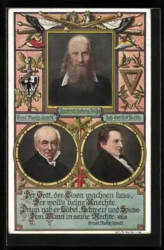 AK Turnvater Jahn im Portrait und Bildnisse von E. M. Arndt und J. G. Fichte, Wappen und Waffen