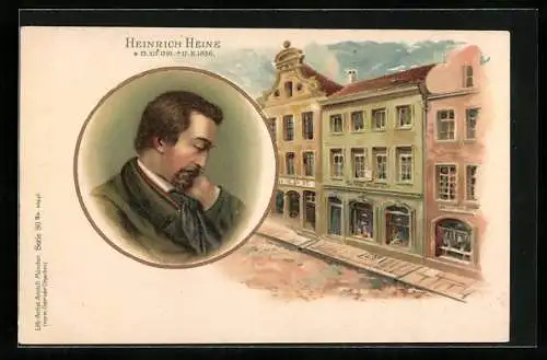 Lithographie Düsseldorf, Porträt Dichter Heinrich Heine, Heinehaus