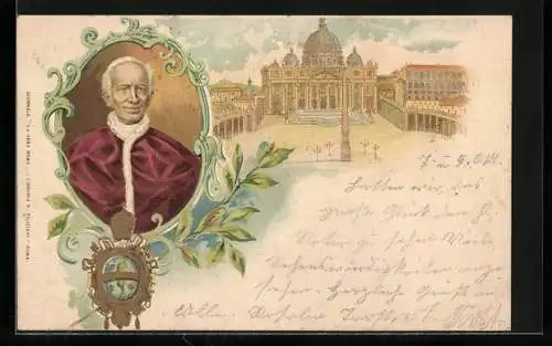 Lithographie Papst Leo XIII., Petersplatz mit Petersdom