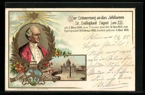 Lithographie Papst Leo XIII. mit Wappen und Vatikan