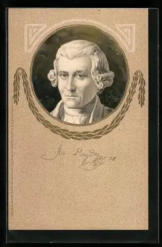 Präge-Künstler-AK Joseph Haydn im Portrait, Passepartout mit Girlande