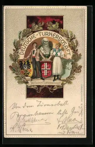 Lithographie Deutsche Turnerschaft, Turnvater Jahn mit Turner, Wappen