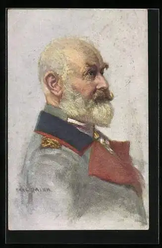 Künstler-AK König Wilhelm II. von Württemberg in Uniform von der Seite gesehen