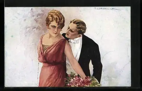 Künstler-AK T.Corbella: Mann in Anzug schmiegt sich an Frau in Abendgarderobe