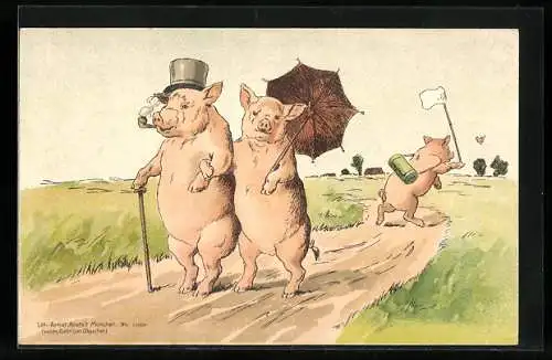 Künstler-AK Schweinefamilie spaziert auf Feldweg