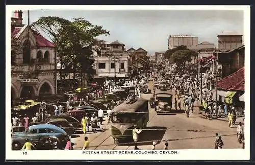 AK Colombo, Pettah Street Scene, Strassenbahn