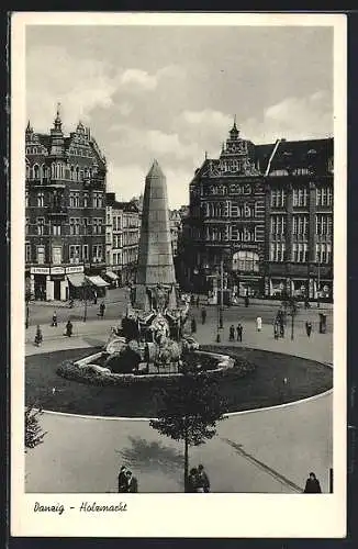 AK Danzig, Holzmarkt mit Brunnen