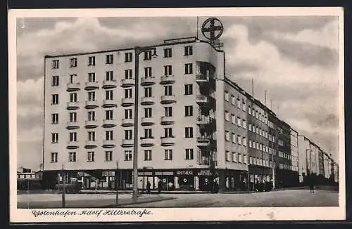 AK Gotenhafen, Strasse mit Apothekengeschäft