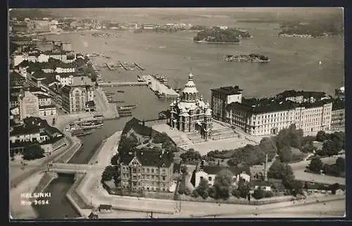 AK Helsinki, Ortsansicht mit Hafen aus der Vogelschau