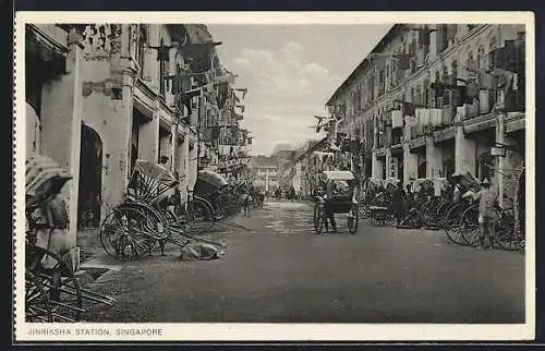 AK Singapore, Jinriksha Station, Strassenpartie mit Rikschas