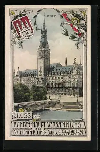 AK Hamburg, Bundes-Haupt-Versammlung des deutschen Kellner-Bundes 1907, Rathaus mit Wappen