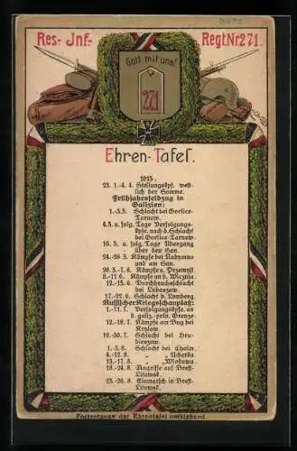 AK Ehren-Tafel des. Res.-Inf. Regt. Nr. 271 mit Eichenkranz und Reichsfahne