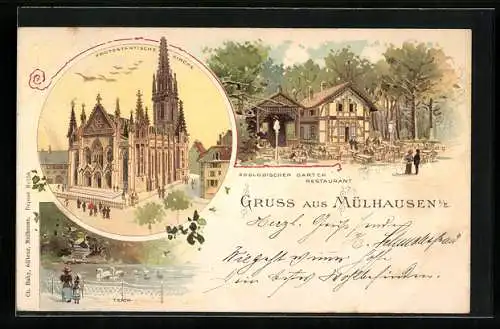 Lithographie Mülhausen, Protestantische Kirche, Zoologischer Garten Restaurant