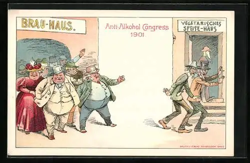 Lithographie Graz, Anti-Alkohol Kongress 1901 am Brauhaus