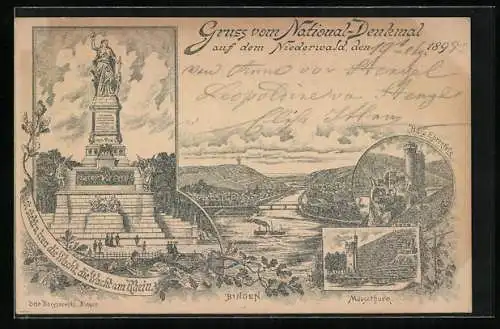 Vorläufer-Lithographie Bingen, 1895, Panorama, National-Denkmal auf dem Niederwald, Mäusethurm, Burg Ehrenfels