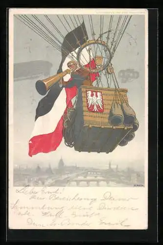 Künstler-AK Frankfurt am Main, Internationale Luftschiffahrt Ausstellung 1909, Ballon mit Deutscher Fahne, Ganzsache