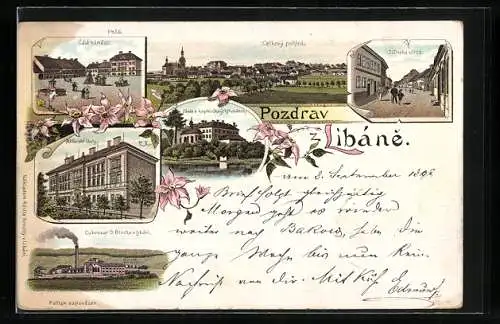 Lithographie Liban, Cast namesti, Zamek a kaple v Staujch Huadech, Kostelni ulice