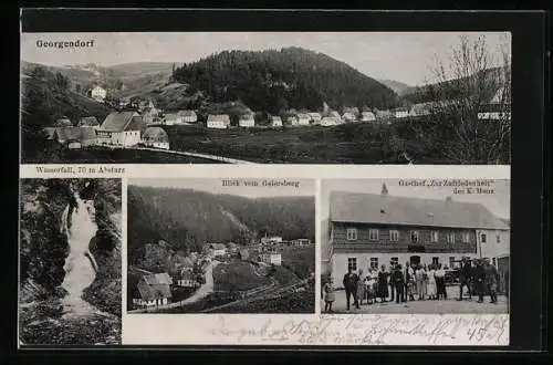 AK Georgendorf, Gasthof Zur Zufriedenheit, Wasserfall, Ortspartie