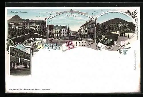 Lithographie Brüx / Böhmen, Kaiser-Josefs-Promenade, I. Ring, Schlossberg