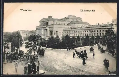 AK Warschau, Belebte Partie am Theaterplatz