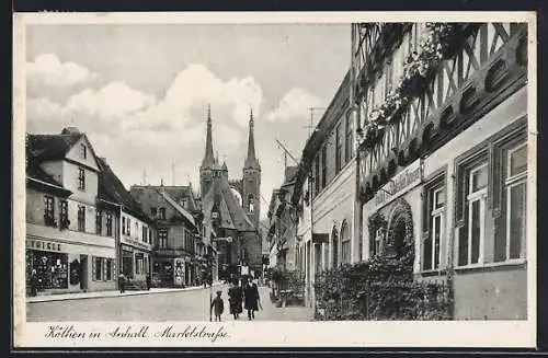 AK Köthen /Anhalt, Partie in der Marktstrasse mit Blick auf Kirche