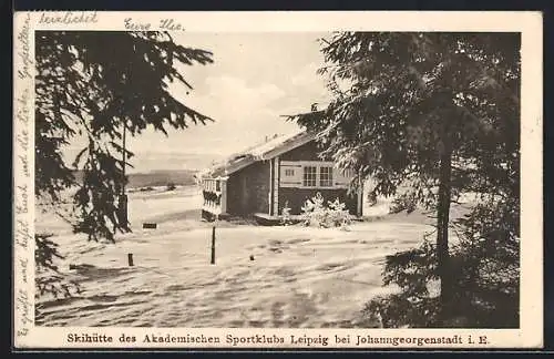 AK Johanngeorgenstadt i. E., Skihütte des Akademischen Sportklubs Leipzig im Schnee