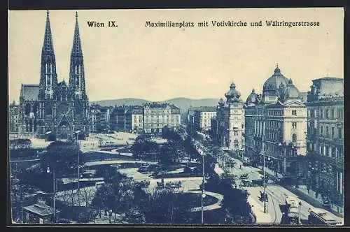 AK Wien, Maximilianplatz mit Votivkirche und Währingerstrasse, Strassenbahn