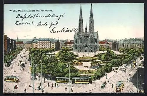 AK Wien, Maximilianplatz mit Votivkirche und Strassenbahnen