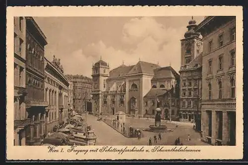 AK Wien, Freyung mit Schottenkirche und Schwanthalerbrunnen