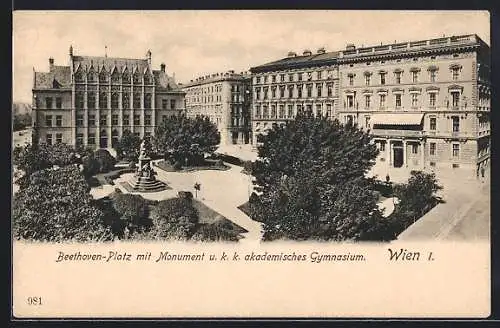 AK Wien, Beethoven-Platz mit Monument und k. k. akademisches Gymnasium