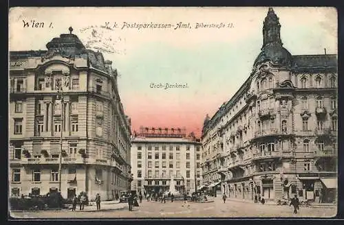 AK Wien, K. k. Postsparkassen-Amt in der Biberstrasse 13 mit Coch-Denkmal