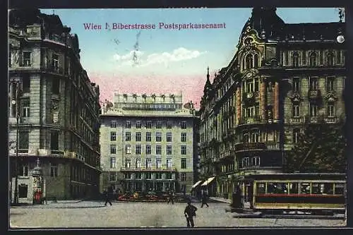 AK Wien, Biberstrasse, Postsparkassenamt, Strassenbahn