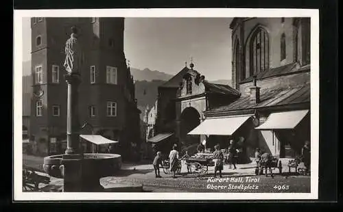 AK Hall /Tirol, Oberer Stadtplatz mit Denkmal und Geschäft