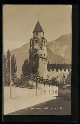 Foto-AK A. Stockhammer: Hall, Münzerturm und Bergpanorama