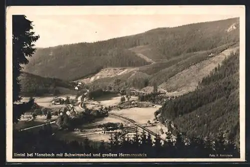 AK Manebach, Ilmtal mit Schwimmbad und grossem Hermannstein