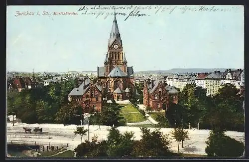 AK Zwickau, Strassenpartie mit Moritzkirche