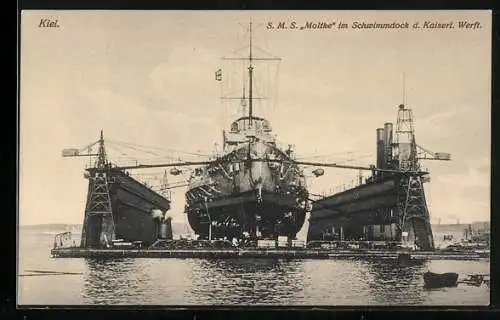 AK Kiel, SMS Moltke im Schwimmdock der Kaiserl. Werft