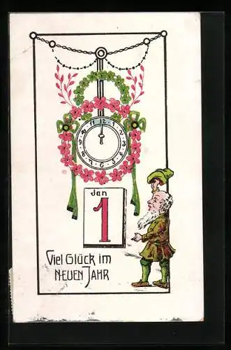 AK Zwerg gratuliert zum neuen Jahr, Uhr um Mitternacht und Kalenderblatt