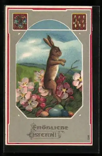 AK Osterhase mit bunten Ostereiern und Apfelblüten