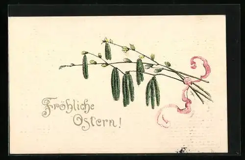 AK Fröhliche Ostern, Weidenzweig mit rosa Schleife