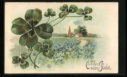 AK Landidyll mit Vergissmeinnicht und Kleeblättern