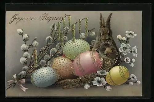 AK Osterhase mit bunten Eiern, Weidenzweigen und Apfelblüten