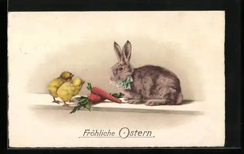 AK Osterhase mit Küken und Karotten