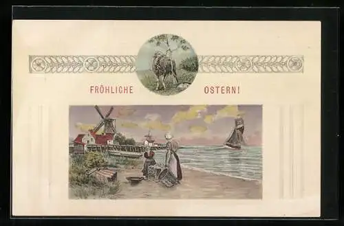 AK Fröhliche Ostern, Strand mit Windmühle und Segelboot