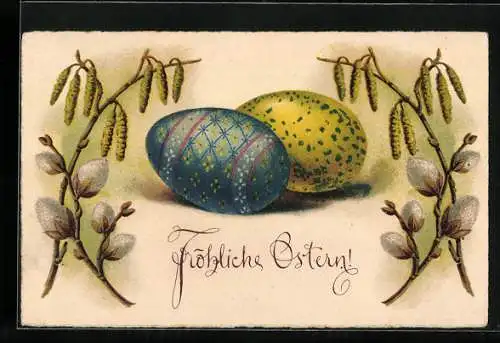 AK Fröhliche Ostern, Bunt bemalte Ostereier mit Weidenzweigen